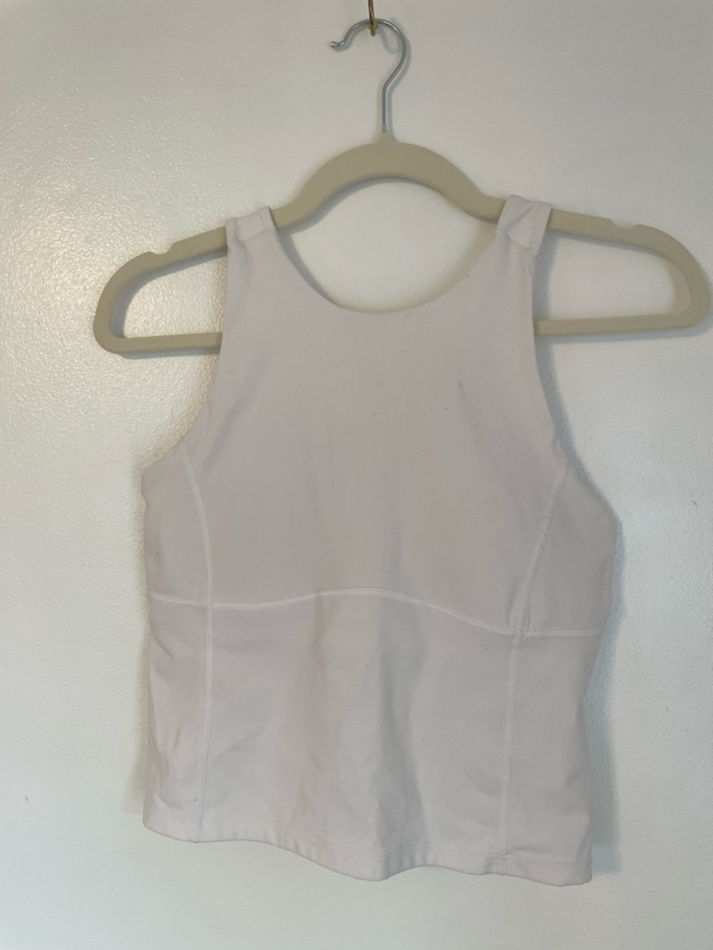High neck cross back white workout tank with padding size small